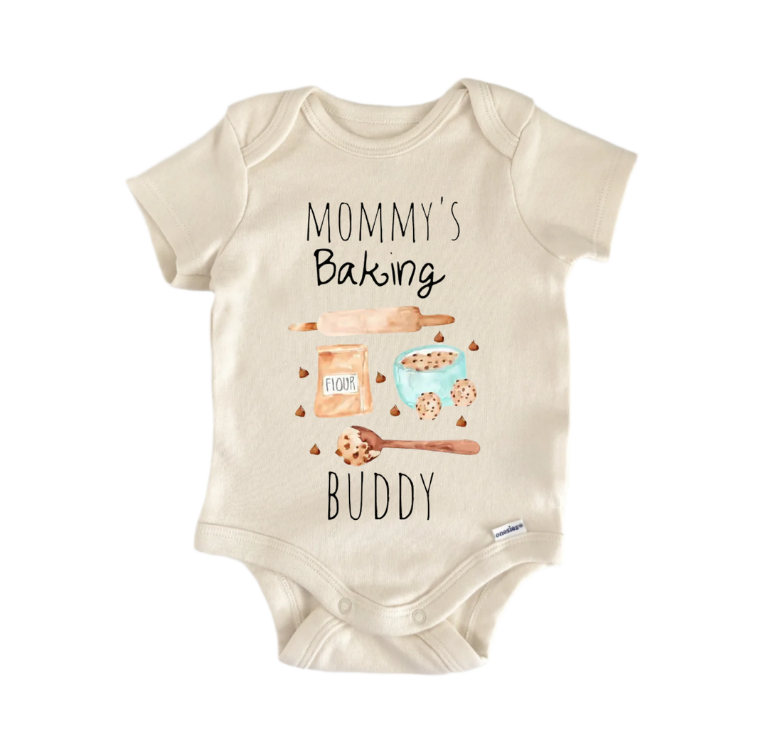 a baby onesie with a playful design related to baking.