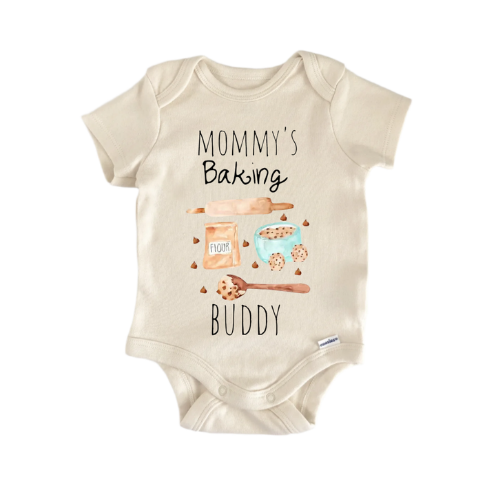 a baby onesie with a playful design related to baking.