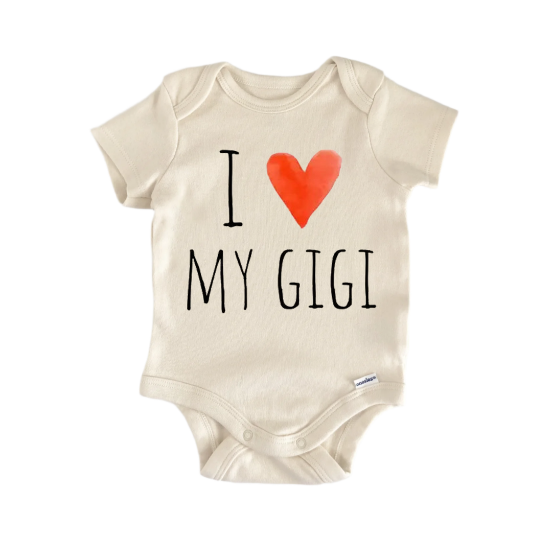 A beige baby onesie with the text "I ♥ MY GIGI" printed on it.