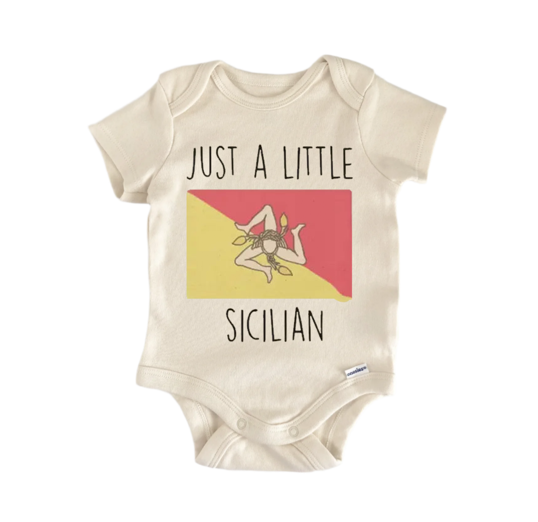 A baby onesie with the text "JUST A LITTLE SICILIAN" printed on it, along with a graphic of a person in a Sicilian flag.