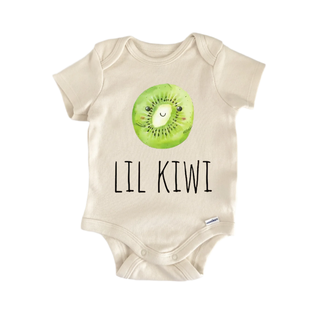 A beige baby onesie with a kiwi graphic and the text "LIL KIWI" printed on it.