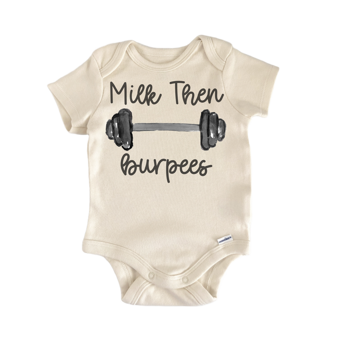 Milk Burpees Gym Workout - Baby Bodysuit  Funny Cute Onesie® | North Fork Forager LLC